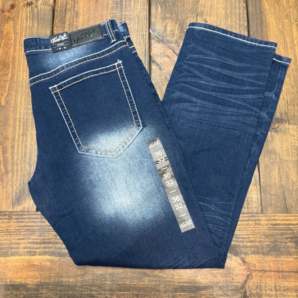 True Luck Mens Straight Leg Jeans Dark Wash Distressed Blue‎ 36x32 NWT RN99231